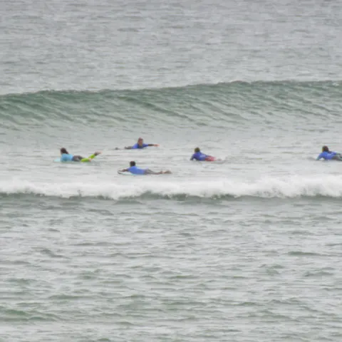 Surfeurs en attente de vagues au large