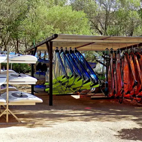 Planches à voile rangées sous un abri