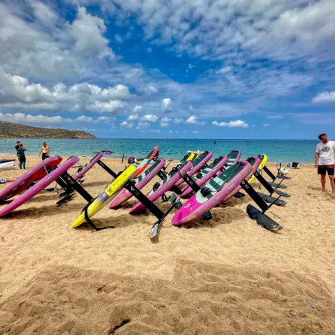 Planches de foil alignées sur la plage