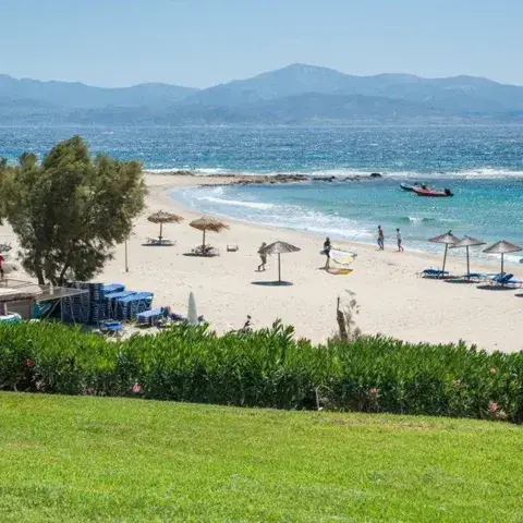 Plage de sable avec parasols et vue sur la mer