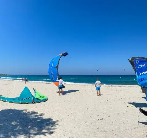Ailes et kites étalés sur la plage de sable
