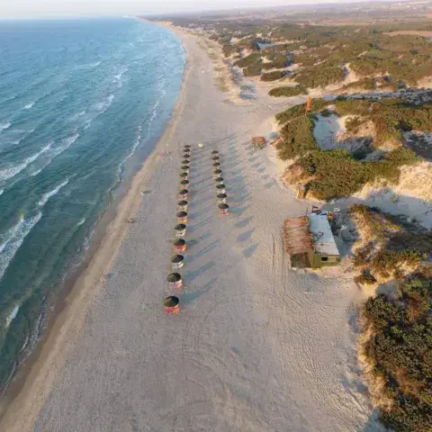 Vue aérienne de la plage et des parasols