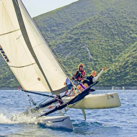 Catamaran sous voile devant la côte