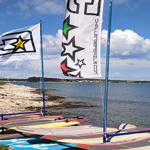 Planches à voile posées au bord de l'eau