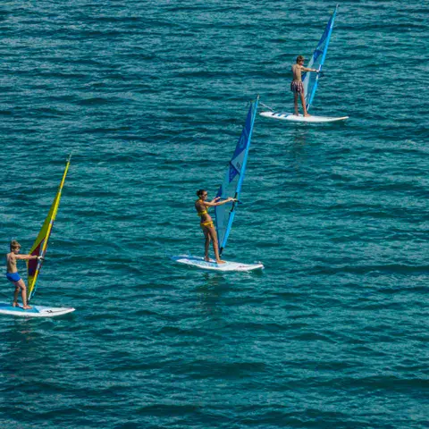 Trois windsurfeurs sur la mer