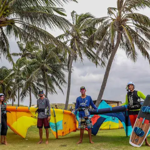 Groupe sous les cocotiers avec planches et kites