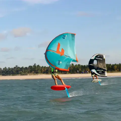 Wing foilers sur l'eau devant les cocotiers