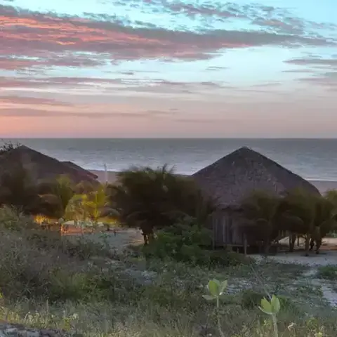 Bungalows au bord de la plage au coucher du soleil