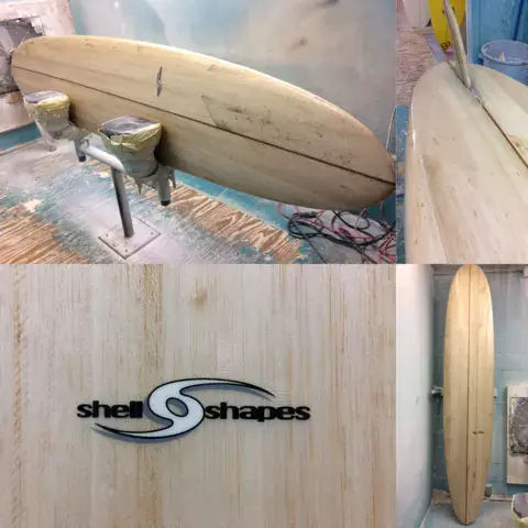 Planche en bois et logo Shell Shapes