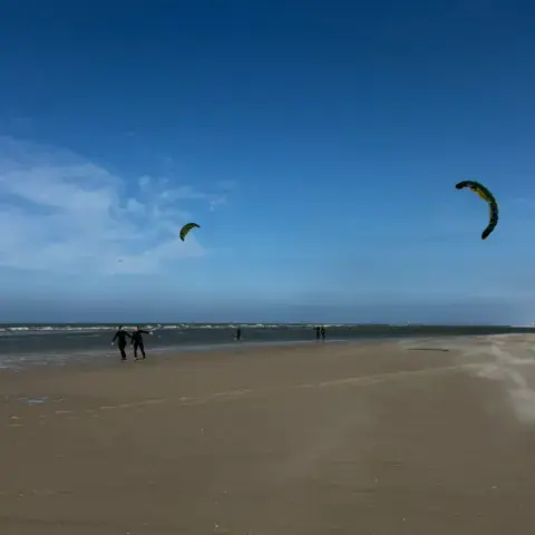 Kites au-dessus de la plage de sable