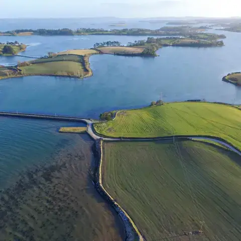 Vue aérienne du Strangford Lough, îlots et champs