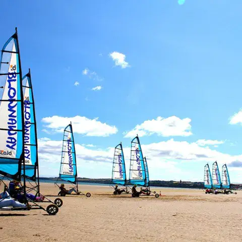 Chars à voile alignés sur la plage de sable