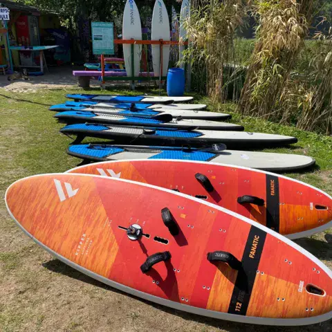 Planches de windsurf et de paddle alignées sur l'herbe