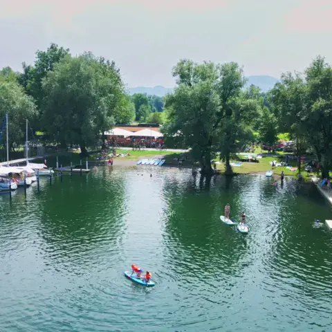Vue aérienne du bassin du port bordé d'arbres