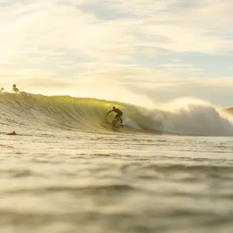 Surfeur sur une vague au lever du soleil