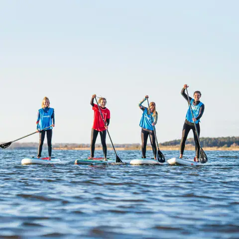 Quatre personnes debout sur des stand up paddles