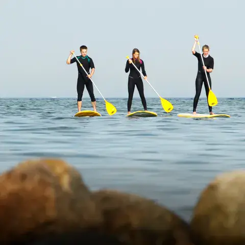 Trois paddleurs sur une eau calme