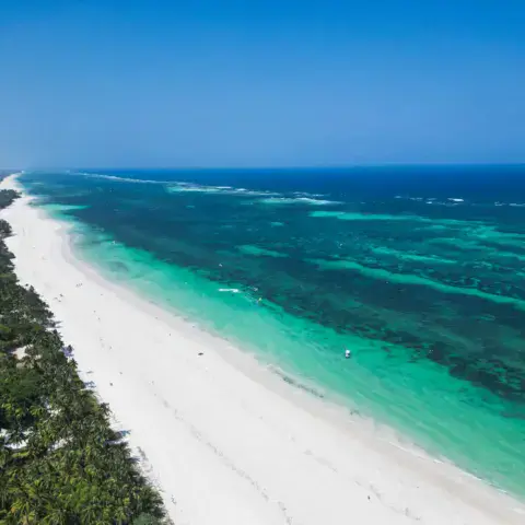 Vue aérienne de la plage de sable blanc et du lagon