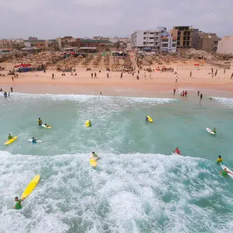 Vue aérienne des élèves dans l'eau devant la plage