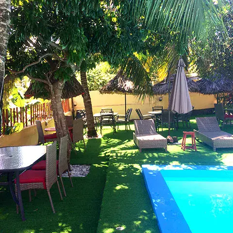 Jardin et piscine de l'hôtel