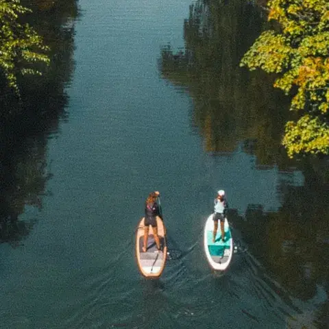 Deux pagayeurs en paddle sur une voie d'eau bordée d'arbres