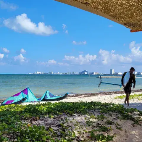 Kites alignés sur la plage sous la paillote