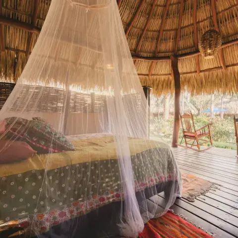 Intérieur d'un bungalow à toit de palme avec moustiquaire