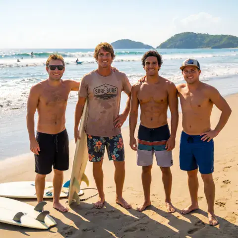 Quatre surfeurs avec leurs planches sur la plage