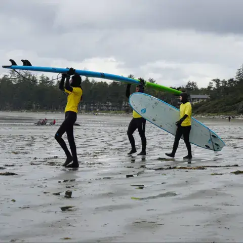 Élèves en route vers l'eau avec leurs planches