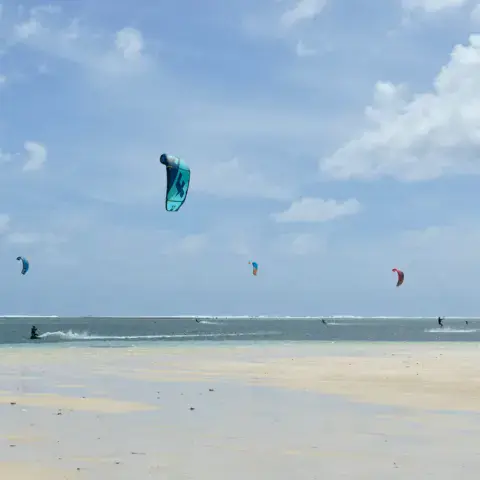 Plusieurs kites au-dessus du lagon, à marée basse