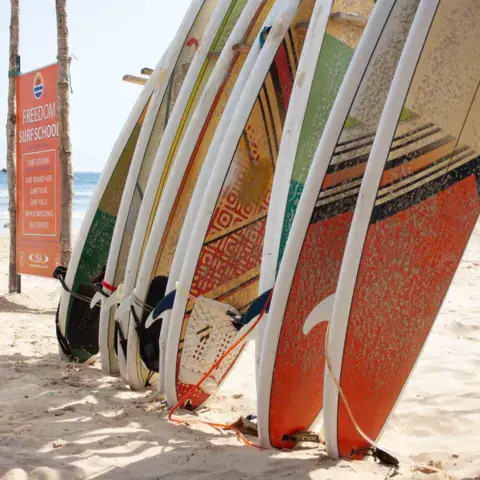 Planches de surf dressées sur le sable