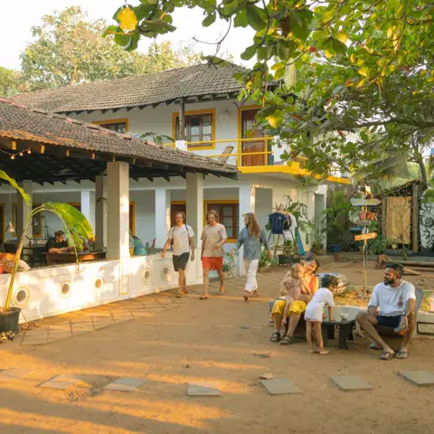 Le jardin et la maison d'hôtes sous les arbres