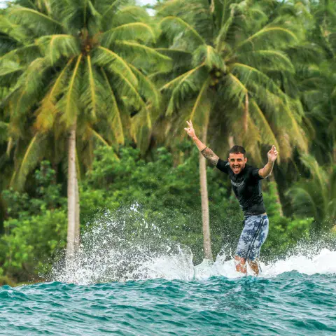 Surfeur sur une vague devant les cocotiers