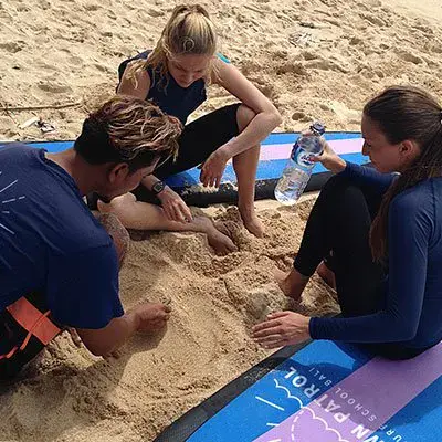 Explications du moniteur aux élèves sur le sable, avant la mise à l'eau