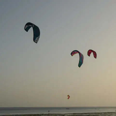 Kites au coucher du soleil sur la plage