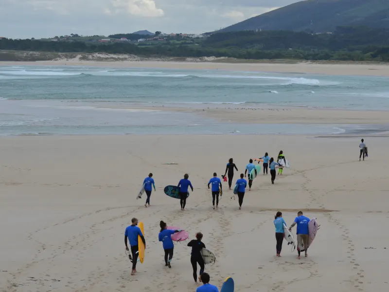 Groupe en combinaison marchant sur la plage avec des planches