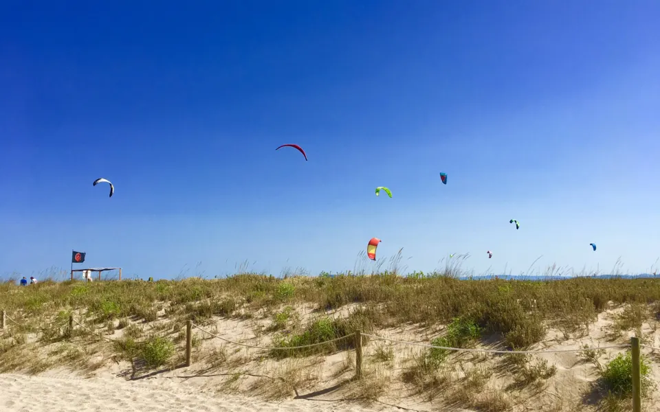 Plage avec des kitesurfeurs en vol