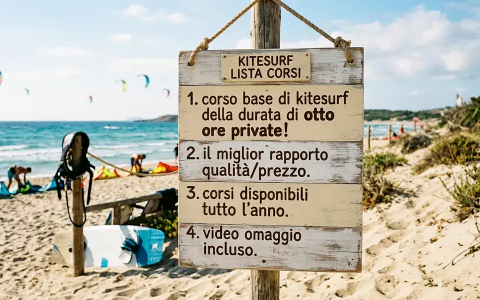 Panneau des cours de kitesurf sur la plage de Fregene