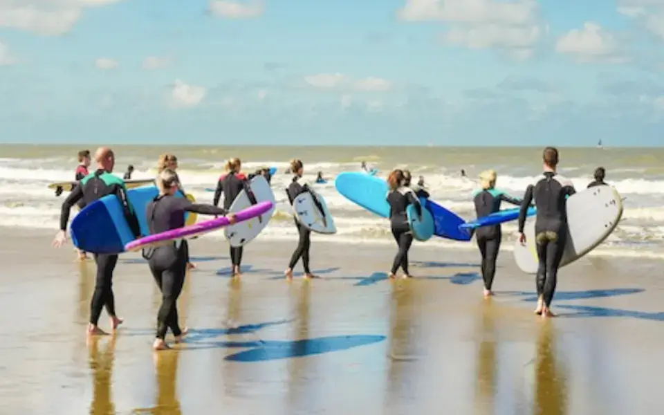 Groupe d'élèves en combinaison portant leurs planches sur la plage