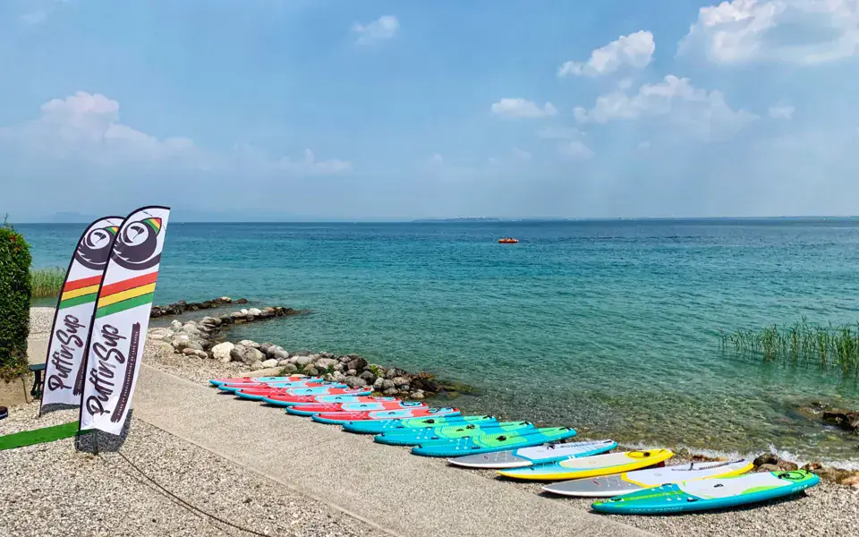 Rangée de stand up paddles alignés sur la plage du lac