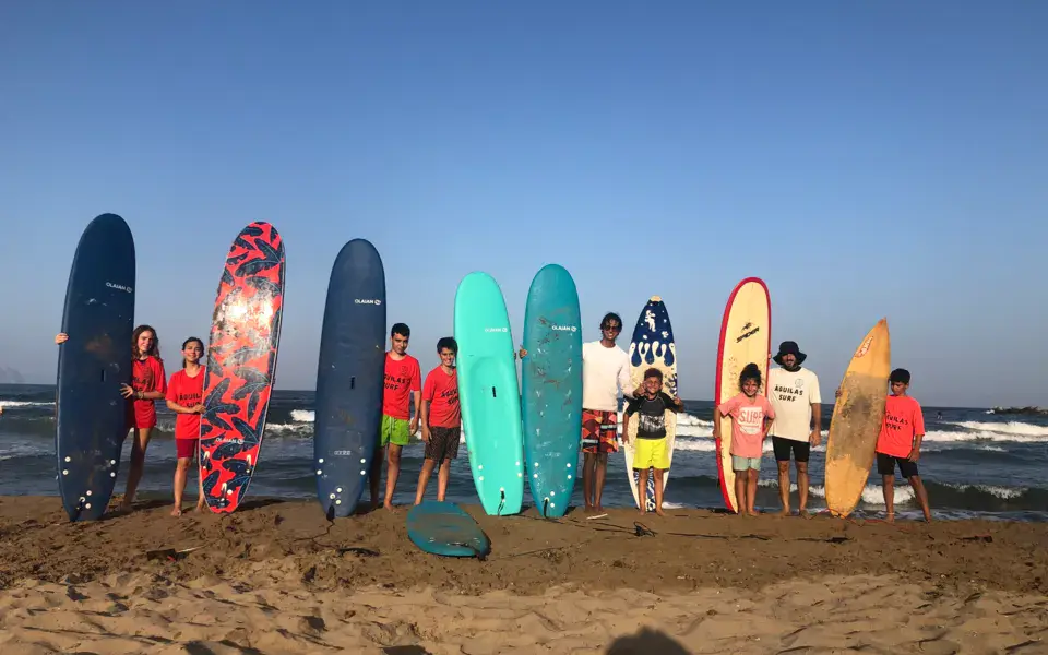 Groupe devant les planches de surf sur la plage
