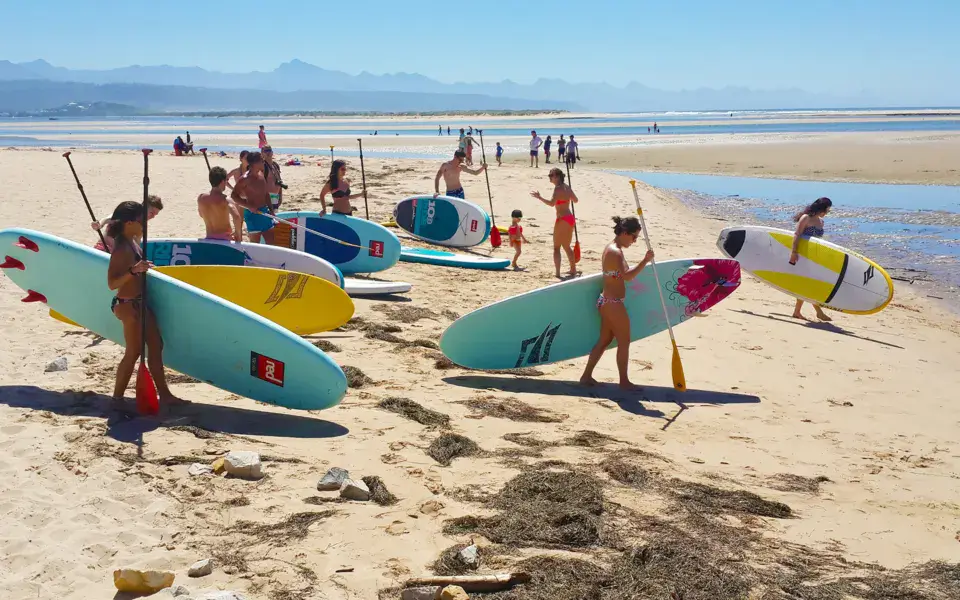 Planches de stand up paddle et de surf alignées sur la plage