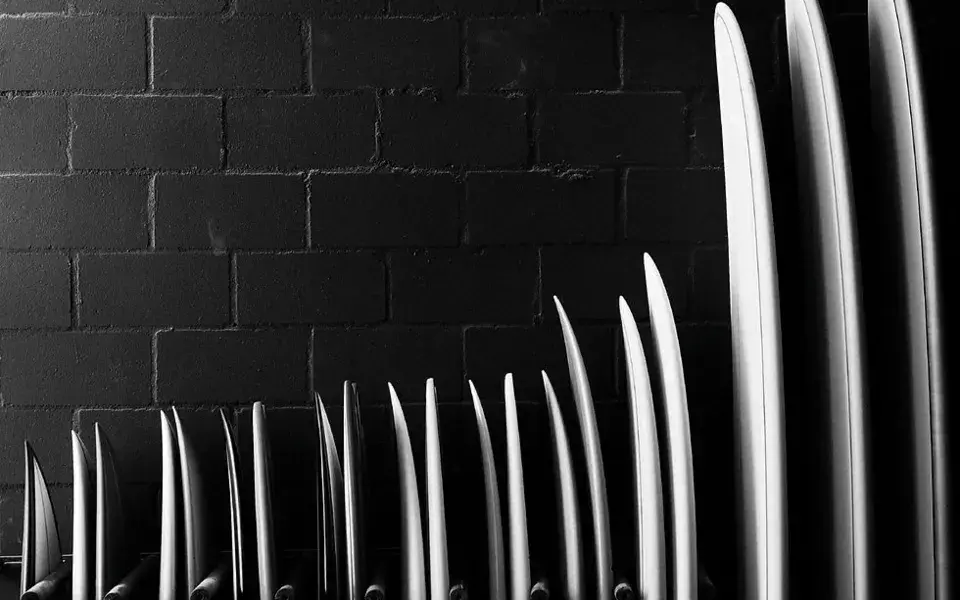Rangée de planches de surf alignées contre un mur