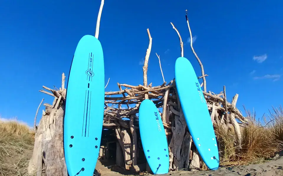 Planches d'apprentissage devant la cabane en bois flotté sur la plage