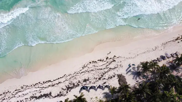 Vue aérienne de la plage et des vagues, avec des kitesurfeurs