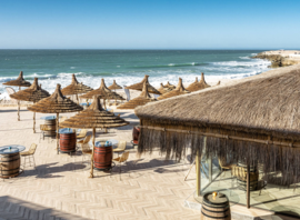 Le beach club et ses parasols face à l'océan