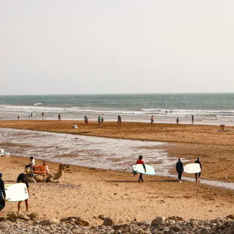 La grande plage de Sidi Kaouki, planches et dromadaires
