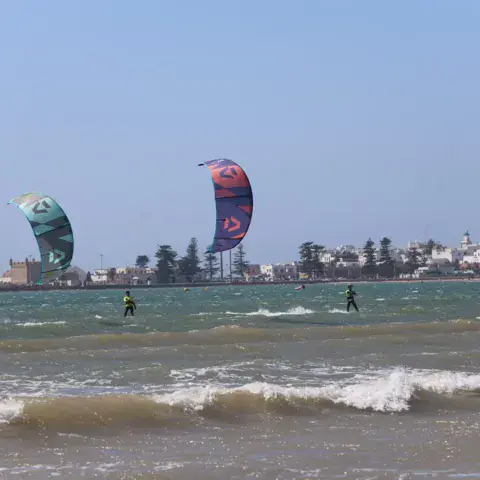 Plusieurs ailes de kite sur le plan d'eau de la baie