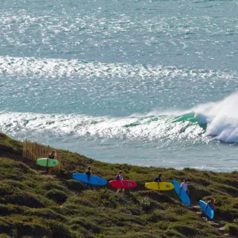 Surfeurs en route vers le spot, planches sous le bras