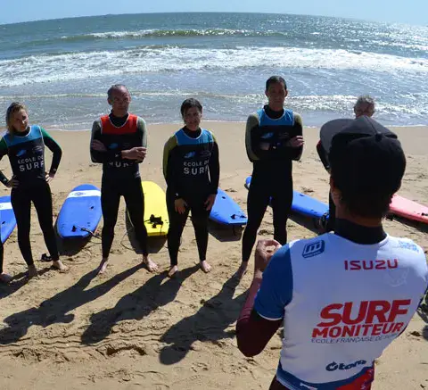 Briefing d'un groupe d'élèves sur la plage avant le cours